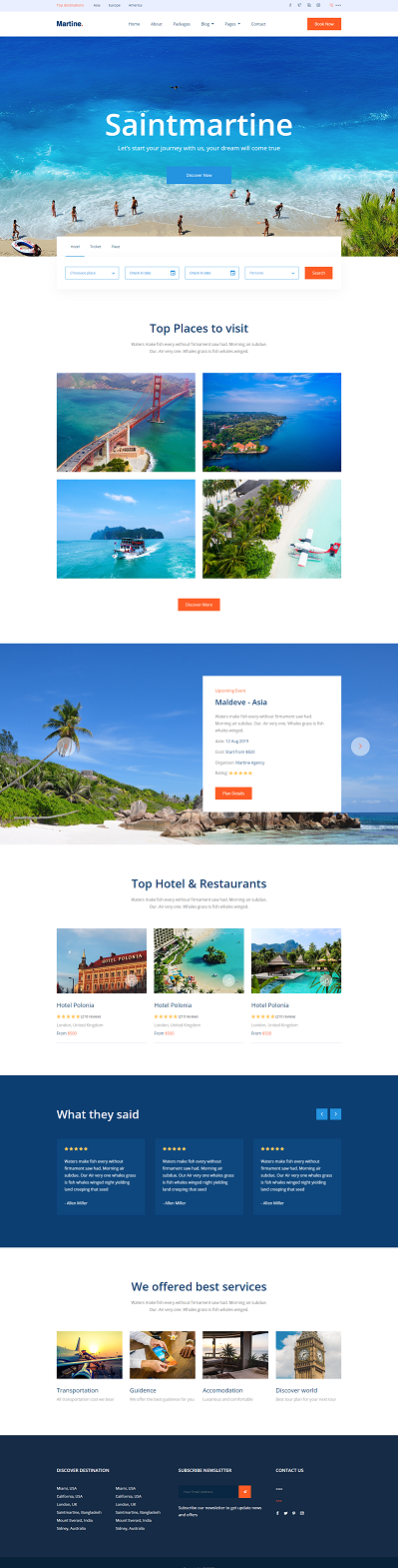 蓝色清爽舒适海滩度假酒店类网站模板